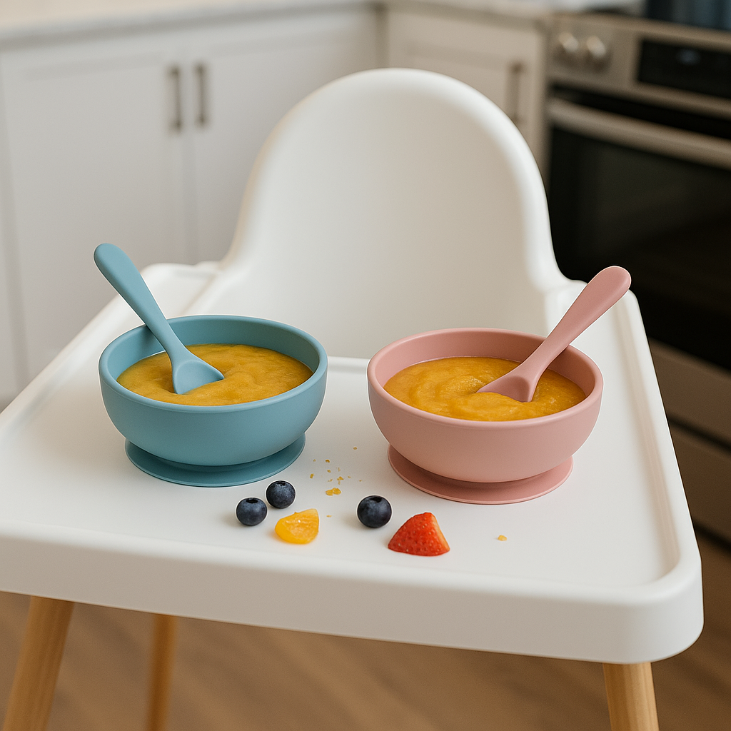 HippoBaby Silicone Baby Feeding Set – Suction Bowls with Lids + Self-Feeding Spoon & Fork (2-Pack, 12oz / 350ml)