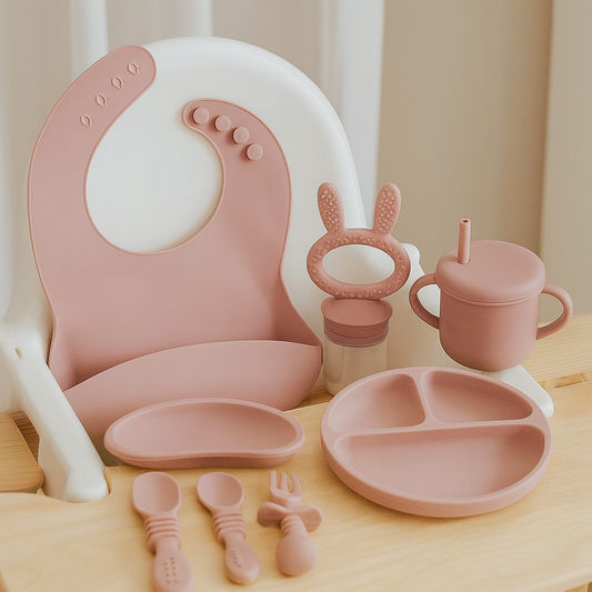 Silicone Baby Feeding Set – Complete 7-Piece Weaning Kit with Plates, Cups, Bibs, Utensils & Fruit Feeder