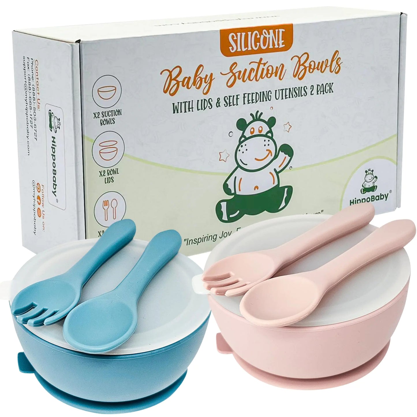 HippoBaby Silicone Baby Feeding Set – Suction Bowls with Lids + Self-Feeding Spoon & Fork (2-Pack, 12oz / 350ml)